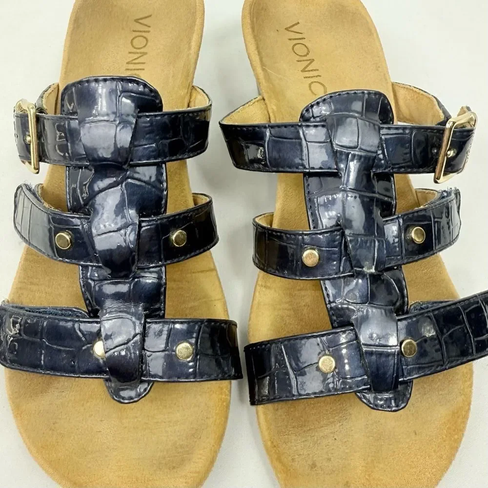 Vionic RADIA Blue Patent Reptile Embossed Triple T Strap Slide Wedge Sandals